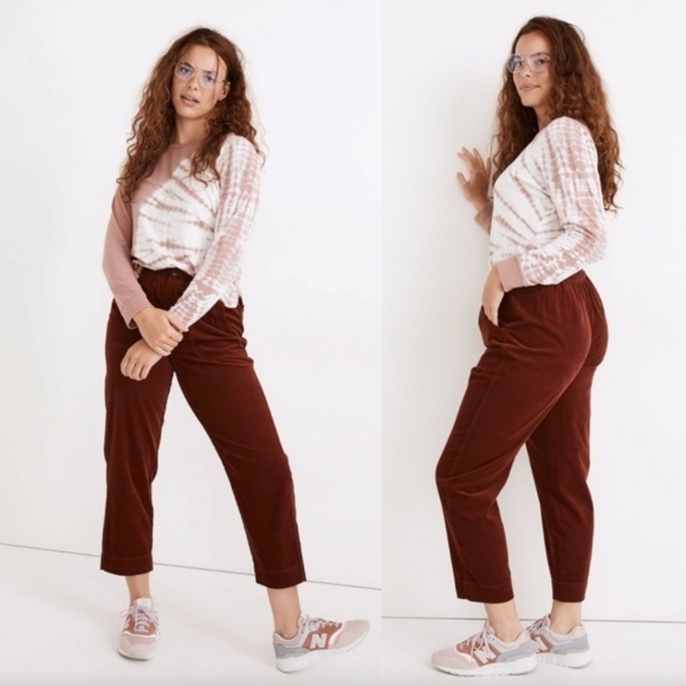 Madewell Curvy Tapered Huston Pull-On Crop Pants in Corduroy Rusted Burgundy XXS